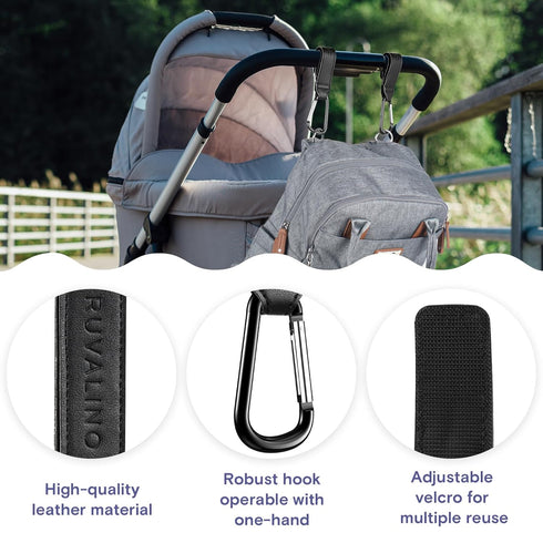 Leather Stroller Hooks for Diaper Bag and Stroller Organizer - RUVALINO® Stroller Strap with Large Carabiner Clip for Bags - Accessories for Wheel...