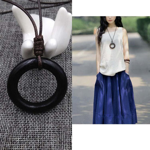 Long Wooden Pendant Necklaces for Women Black Boho Handmade Necklace for Sweater...
