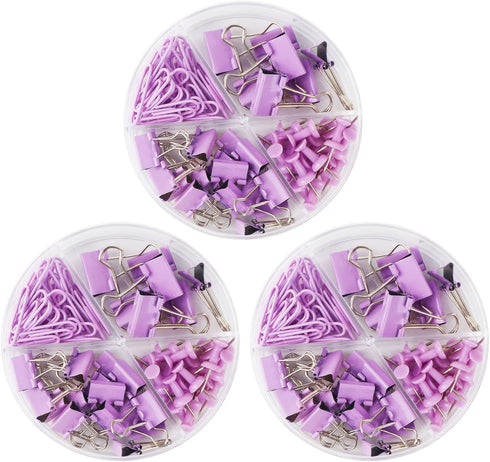 Purple Paper Clips and Binder Clips Set, 216 pcs, Metal Assorted Sized Binders with Push Pins, Cute Office Supplies for Desk, Durable Desk Accesso...