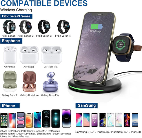 3 in 1 Charger for Fitbit Sense/Sense 2/Fitbit Versa 3/Versa 4,Wireless Charging Station Compatible for iPhone 13/14 Pro Max/12/11/8, for Samsung ...