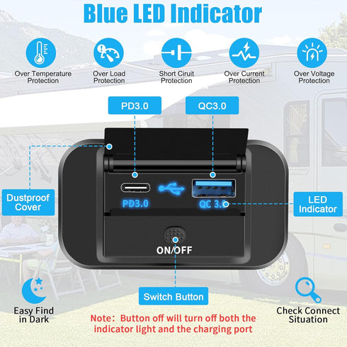 Linkstyle 12V USB Outlet, 36W QC3.0 USB-A & 55W PD3.0 USB-C Port Charger Socket, Quick Car Charger Panel with Switch, USB Port Panel for Car......