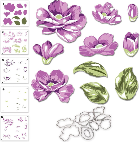 Alinacutle 5pc Peony Flower Layering Stencils & 1set Frame Dies Set Plastic Stencil with Frames Metal Cutting Die Cut for DIY Art Craft Paper Craf...