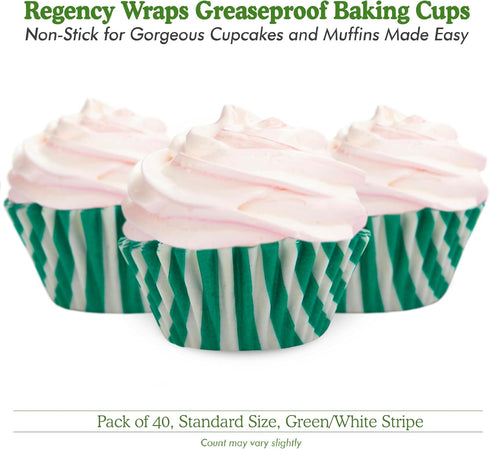 Regency Wraps Greaseproof Professional Grade Baking Cups, Pack of 40, Standard Liners, Green/White Stripe, for Cupcakes, Muffins, Candy, Non Stick...
