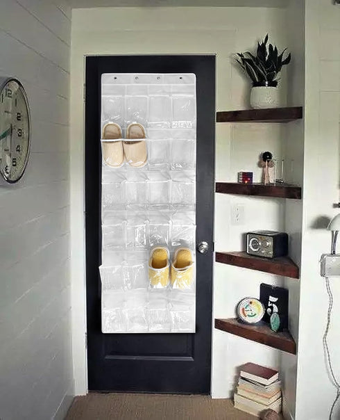 1 Pack 24 Clear Crystal Pockets Large Hanging Shoe Organizer Over The Door Shoe Rack for Closet Door Storage Shoe Holder Hanger, 4 Hooks, ALL Whit...