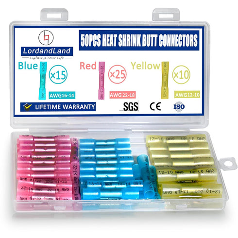 50 Pcs Heat Shrink Butt Connectors Kit,Heat Shrink Wire Connectors,Waterproof Insulated Marine Automotive Crimp Terminals Butt Splice Connectors f...