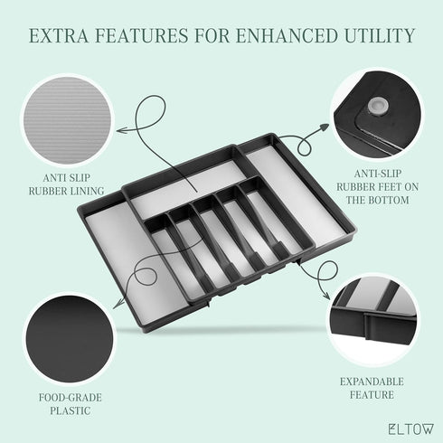 ELTOW Large Expandable Silverware Drawer Organizer, 8 Compartment Non-Slip & Adjustable Silverware Organizer for Drawer, Kitchen Organization for ...