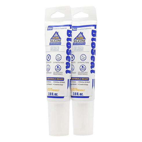 Clear BioSeal Waterproof & Low Odor 100% Silicone Sealant Caulk for Home 2.8oz - Pack of 2...