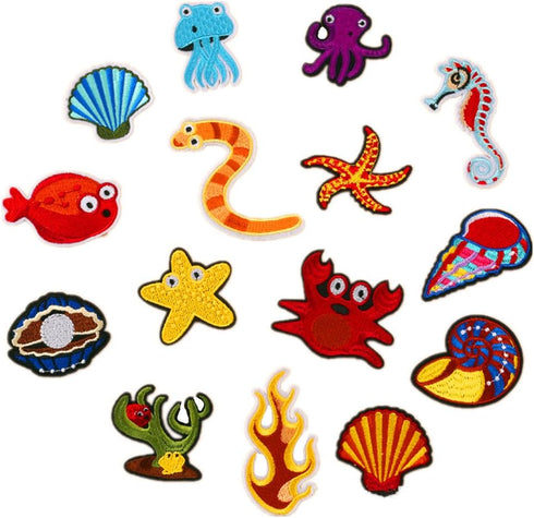 Assorted 27pcs Marine Creatures Iron on Patches Shark Whale Dolphin Clams Shell Crabs Seahorses Starfish Manta Ray Octopus Embroidered Patches App...