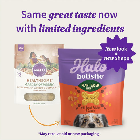Halo Plant-Based Dog Treats with Sweet Potato & Carrots, Vegan Dog Treat Pouch, 8oz bag...