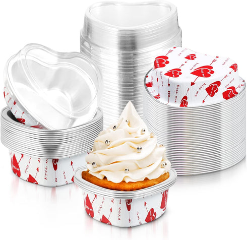 Cunhill 30 Sets Heart Shaped Cake Pans with Lids, 3. 4 Ounces/ 100 ml, Aluminum Foil Mini Disposable Heart Cupcake Pans for Wedding Parties Gift (...