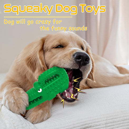 Dog Toys, Squeaky Indestructible Dog Chew Toys for Aggressive Chewers, Tough Alligator Rubber Teething Chew Dog Toys for Large Medium Small Dog (G...