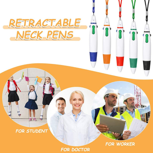 Retractable Pen with Lanyard Neck Pens Pen in a Rope Shuttle Pen 4 Color Ink Ballpoint Pen with Chain for Nurses Students, Office School Home Supp...