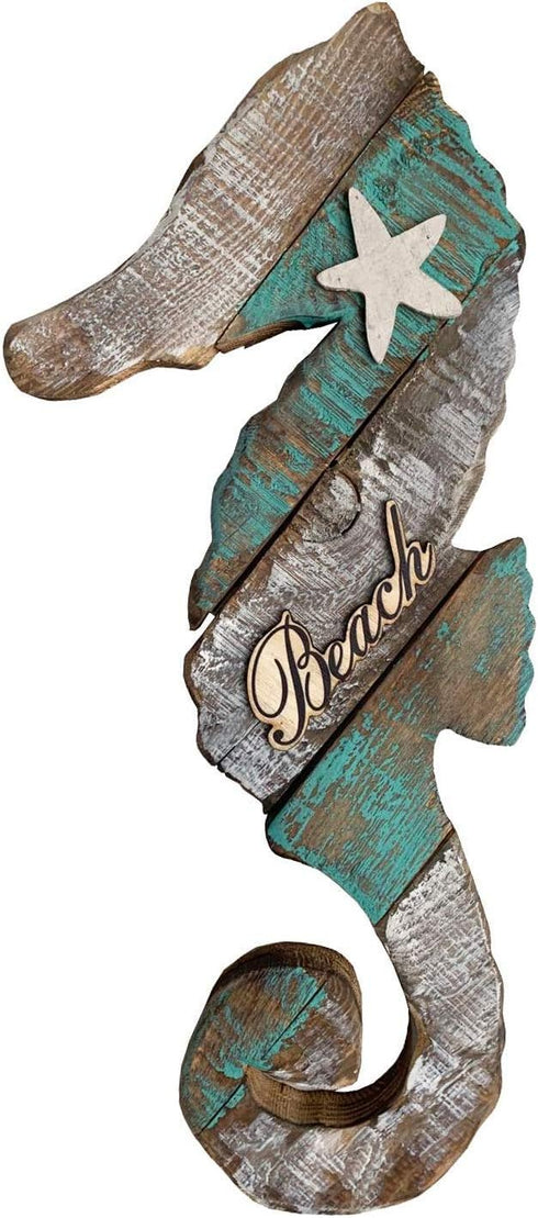 Rustic Wooden Nautical Hanging Handcarved Seahorse Wall Decor,Distressed Seahorse Wall Sculpture Indoor Outdoor Beach Themed Decoration 16''H...