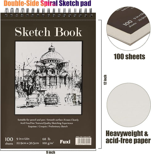9 x 12 inches Sketch Book, Top Spiral Bound Sketch Pad, 1 Pack 100-Sheets (68lb/100gsm), Acid Free Art Sketchbook Artistic Drawing Painting Writin...