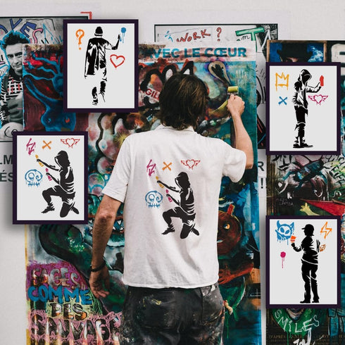 FINGERINSPIRE 4PCS Banksy Man with Doodel in Hat Painting Stencils 8.3x11.7inch Reusable Man with Doodle in Hat Stencils for Painting Large Street...