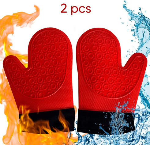 2PCS Red Black Professional Extra Large Silicone Oven Mitts and Pot Holders Oven Gloves Heat Resistant Gloves Kitchen Mittens BBQ Holders for Cook...