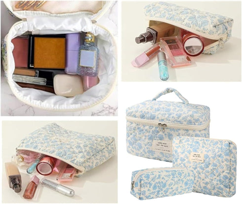 3 Pcs Cotton Quilted Makeup Bag Set,Floral Makeup Bag,Cute Makeup Bag,Travel Makeup Bag,Large Toiletry Cosmetic Bag Makeup Bag Organizer for Women...