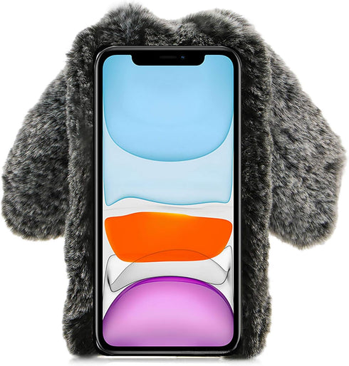 3D Bunny Ears Plush Case for Samsung Galaxy A12 with Crossbody Strap, Winter Warm Handmade Bling Diamond Soft Rabbit Fluffy Furry Fur Shockproof P...