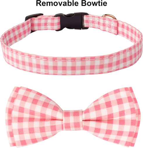 ADOGGYGO Pink Floral Dog Collar with Bow, Adjustable Pink Plaid Dog Collars with Removable Bowtie Pet Pink Flower Collars for Small Medium Large G...