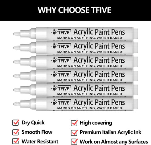 White Acrylic Paint Marker Pens - 2-3mm Medium Tip, 6 Pack Permanent White Water Based Paint Pen for DIY Projects, Paintings for Rock, Fabric, Woo...
