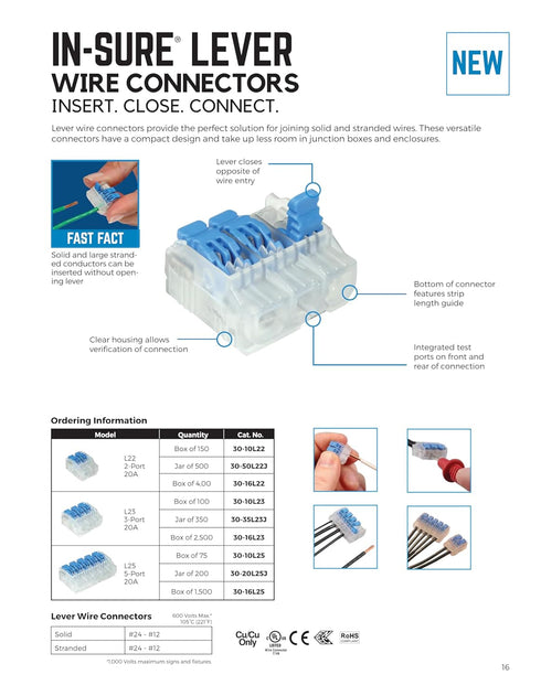 Ideal Electrical 30-01L23 in-Sure Lever Wire Connector 3-Port, 10/Bag...