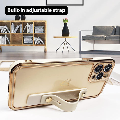 KANGHAR Designed for iPhone 13 Pro Max Case with Strap Luxury Love Heart Plating Gold Bumper Phone Cover Wristband Kickstand Full Body Protective ...