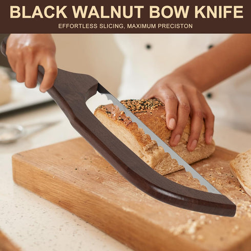 Wiz&Quirkz Bread Bow Knife with Cover and Wood Sourdough Spatula, Walnut Handle Stainless Steel Serrated Bread Knife for Homemade Bread, Long Brea...