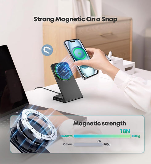 Magnetic Wireless Charger 15W Fast Mag-Safe Charger Stand for iPhone 15/14/13/12 Series Magnet Wireless Charging Station with Sleep-Friendly Adapt...