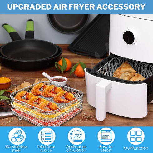 Air Fryer Accessories with 8pcs Foot Cover - 8" Square 3 Stackable Dehydrator Racks Fits 5.8 QT Air Fryer Racks for Cosori, Instant Vortex, Nuwave...