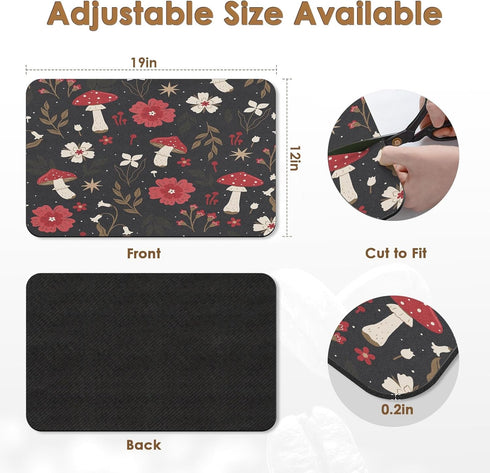Coffee Mat for Countertops, Mushroom Red Floral Black Dish Drying Mat 2 Pcs for Kitchen Coffee Bar Accessories, Fit Under Coffee Maker Espresso Ma...