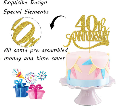 Gold Glitter 40th Anniversary Cake Topper - for Happy 40th Wedding Anniversary / 40th Birthday Party/Cheers to 40 Years Party Decorations...