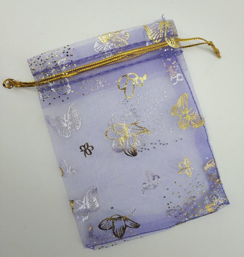 100pcs Mini Sheer Organza Wedding Favor Bags 3.5x4.5'' Luxury Jewelry Candy Gift Card Bags with Gold Line Drawstring Pouches Butterflies (Light Pu...