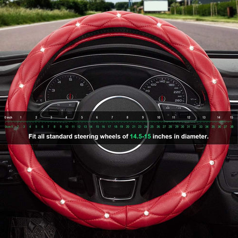 Xizopucy Red Steering Wheel Cover, Leather Car Steering Wheel Cover, Crystal Rhinestones Anti-Slip Soft Accessories for Women and Girl Universal F...