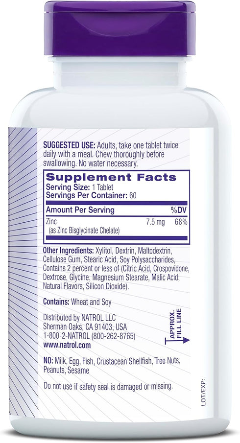 Natrol High Absorption Zinc 7.5 mg per serving, Dietary Supplement for Immune Health, Chewable Tablets for Adults, 60 Zinc Tablets, 60 Day Supply...