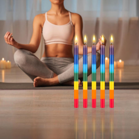 Mega Candles 5 pcs Unscented Multi Color Straight Taper Chakra Candles, Hand Poured Premium Wax Candle 12 Inch x 1 Inch, 100% Cotton Wick, Positiv...