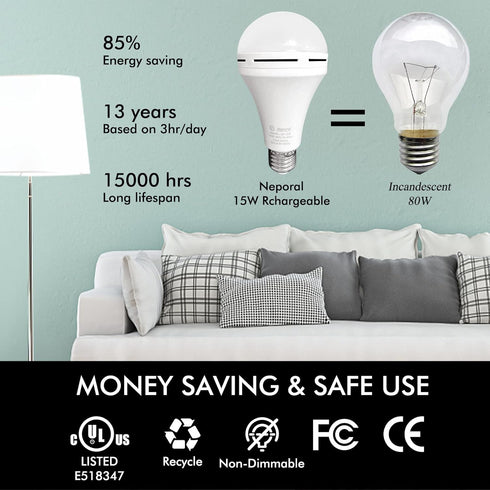 Rechargeable Light Bulbs, Back Up Battery Light Bulbs, 15W 80W Equivalent 6000K 1200mAh Battery Operated Light Bulb for Power Outage Hurricane, Em...