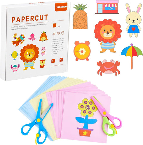 ASTARON 2 Kids Safety Scissors with 100 Pcs Paper Cutting For Paper Craft Supplies, Kids Preschool Training Scissors, Art Craft Plastic Scissors f...