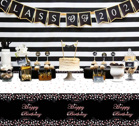 3 Pack Black and Rose Gold Tablecloth Party Decorations - Plastic Disposable Birthday Tablecloth, Black and Rose Gold Confetti Rectangle Table Cov...