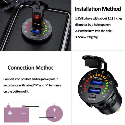 iMESTOU Quick Charge 3.0 Car Charger, Waterproof 36W Dual USB QC3.0 Fast Charging Socket Power Outlet with Voltmeter & Switch & 10A Fuse Built-in ...