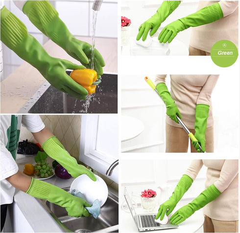 Bamllum 3 Pairs of Rubber Dishwashing Gloves for Kitchen and Household Cleaning – Long Cuff 15", Reusable, Flexible Long-lasting and Non-Slip (Red...