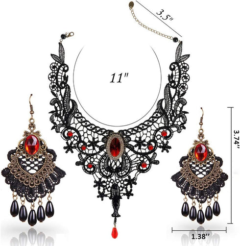 Choker Necklace Earrings Set for Halloween Punk Steampunk Costume Party Women Gothic Black Lace Necklace Vintage Lolita Victorian Halloween Choker...