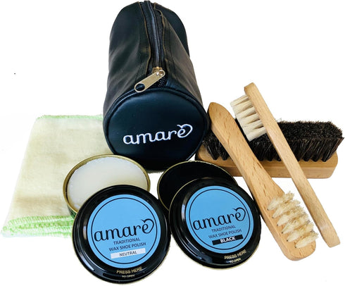 Amare 8PC Shoe Shine Kit, Shoe Polish & Care Kit, for Leather for Men & Women with Black and Neutral Polish, Travel Shoe Shine Brush kit, Leather ...