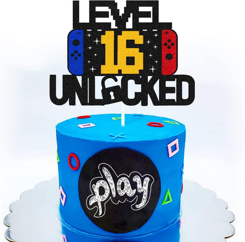 Level 16th Unlocked Sign Cake Topper Happy 16th Birthday Level Up Sixteenth Cake Decorations for Video Game Controller Themed Kids Boy Girl Bday P...