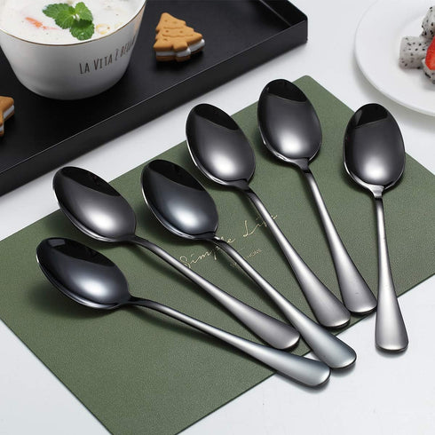 Kyraton 6-Piece 8" Stainless Steel Table Spoon Set, Titanium Black Plating, Gold Soup & Dessert Spoons, Dishwasher Safe...