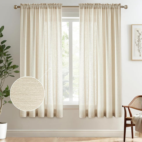 Melodieux Beige Semi Sheer Curtains 63 Inch Length for Bedroom Living Room, Farmhouse Linen Texture Light Filtering Home Office Shiny Sheer Drapes...