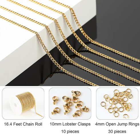 Jabogrii 16.4 Feet Gold Stainless Steel Chain for Jewelry Making Oval Curb Cuban Jewelry Making Chains with Lobster Clasps and Open Jump Rings...