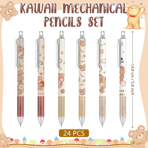 24 Pcs Kawaii Bear Mechanical Pencil 0.5mm Cute Automatic Pencils Cartoon Bear Brown White Automatic Retractable Pencils for School Office Supplie...