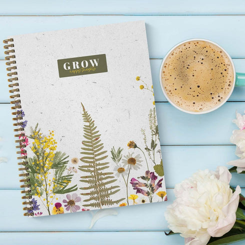 Grow Happy Thoughts Floral Spiral Notebook / 8.5" x 11" Journal / 120 College Ruled Pages/Durable Gloss Laminated Softcover/Gold Wire-o Spiral Bin...
