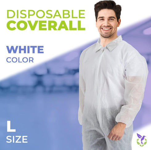 AMZ White Disposable Coveralls for Men, Large. 40 GSM Polypropylene Hazmat Suits Disposable. Unisex Full Body Protective Suit. Disposable Painters...