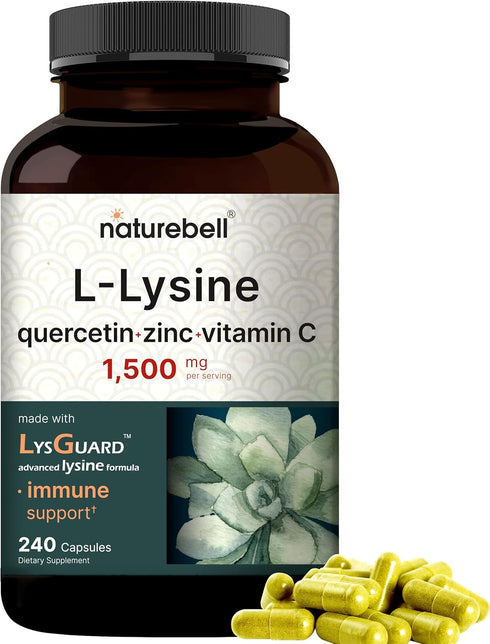 NatureBell L-Lysine 1,000mg Capsules + Quercetin 250mg with Vitamin C and Zinc, 240 Count | Free Form Amino Acids, L Lysine Complex | Immune Suppo...